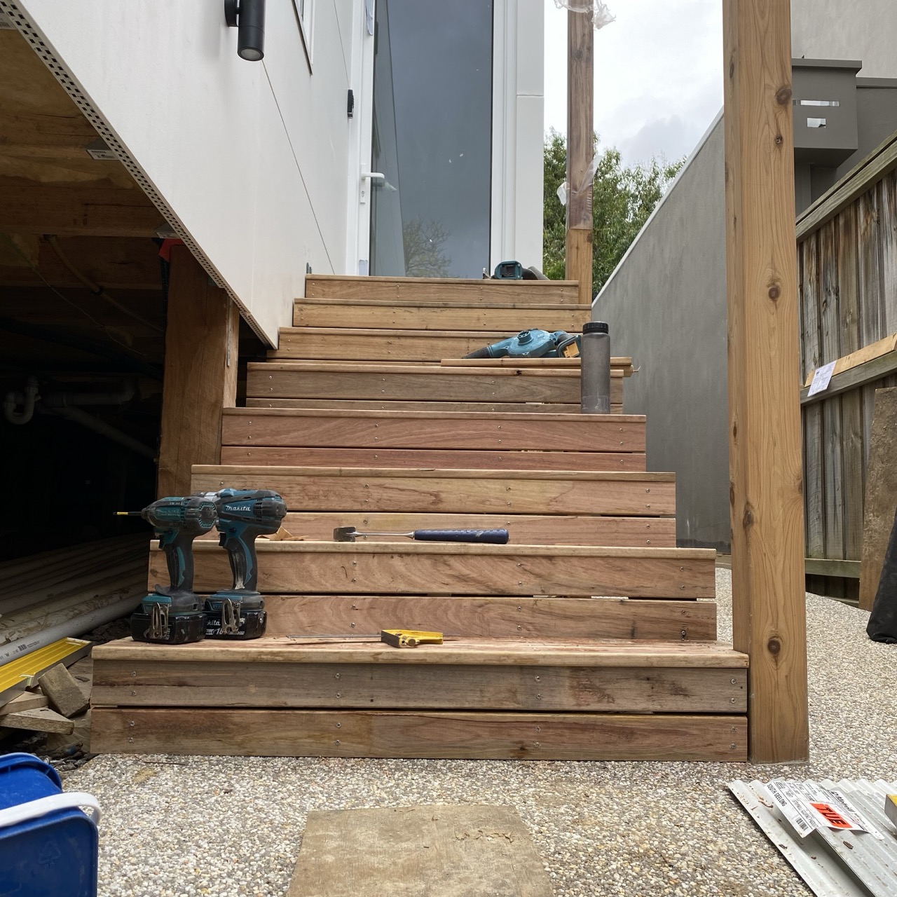 Timber deck stairs under construction