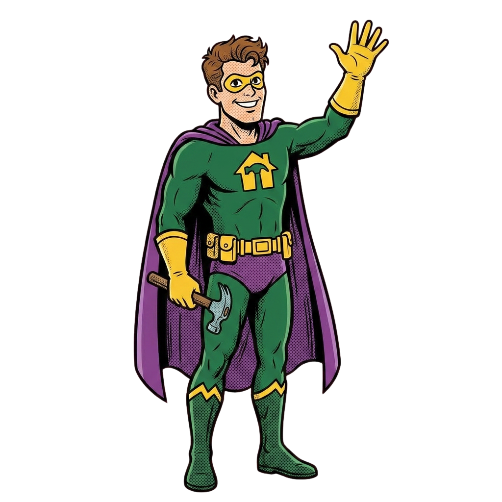 Your Home Heroes mascot — a caped superhero handyman waving hello