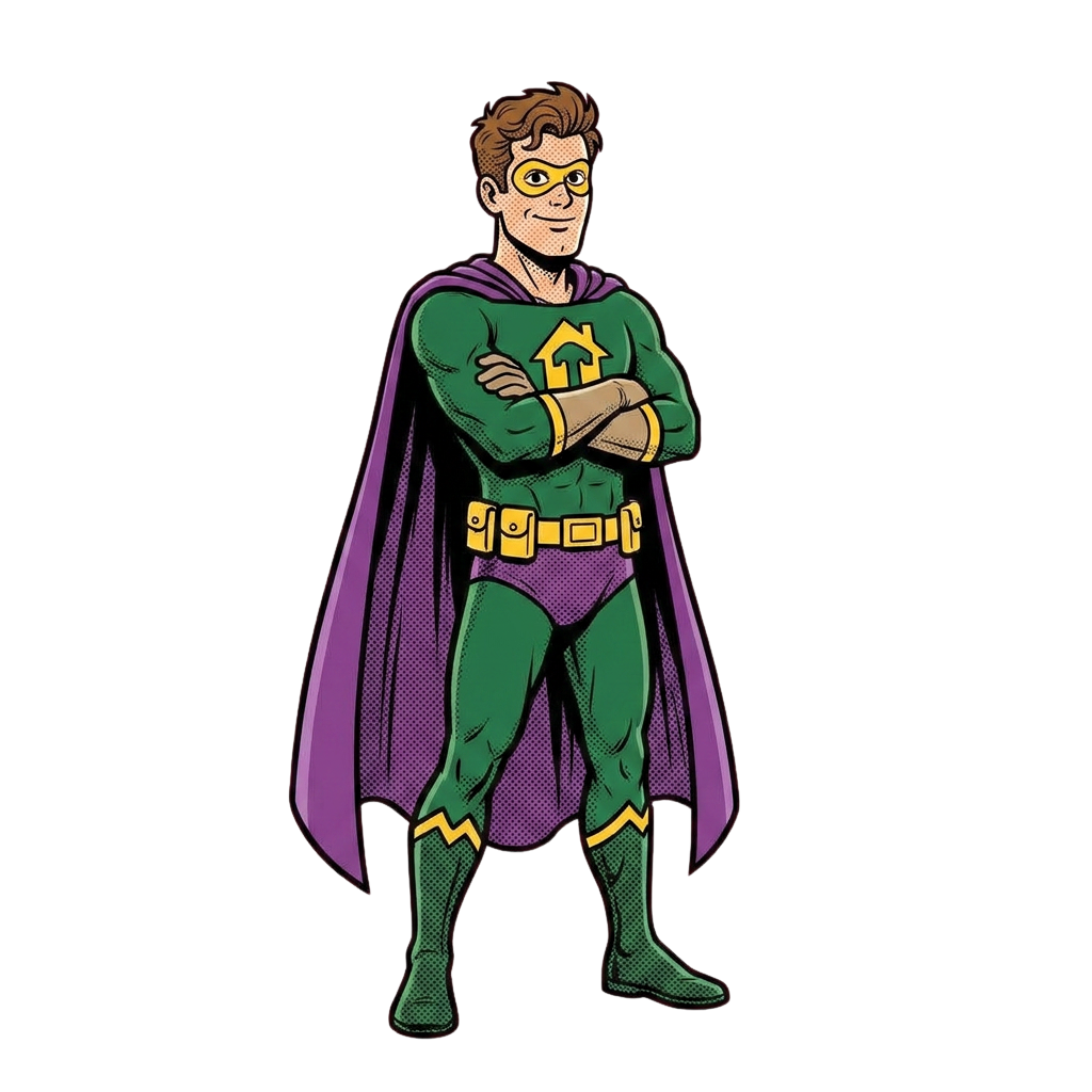 Your Home Heroes mascot — a caped superhero handyman standing confidently
