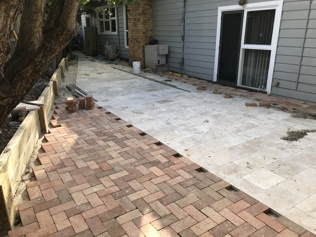 Stone and brick outdoor paving in progress