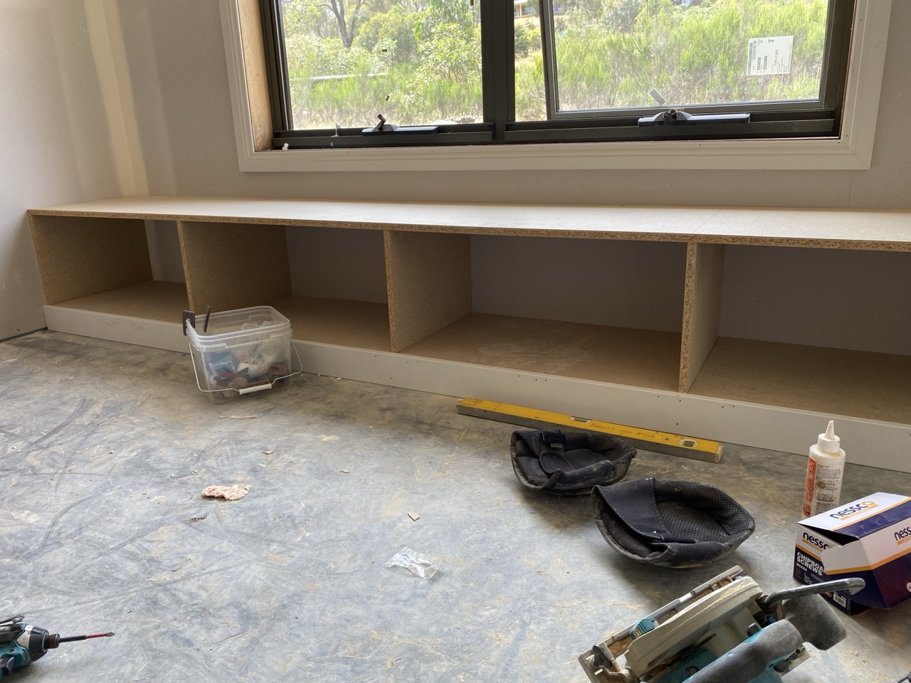 Built-in window seat under construction